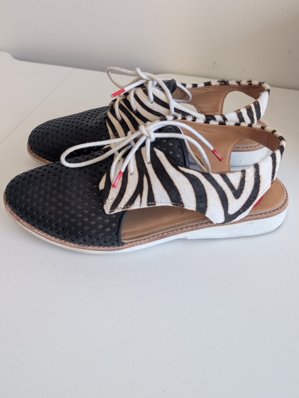 2 Pairs Australian Brand Rollie Zebra-Accent Lace-Up Flats in Black and White - Picture 9 of 12